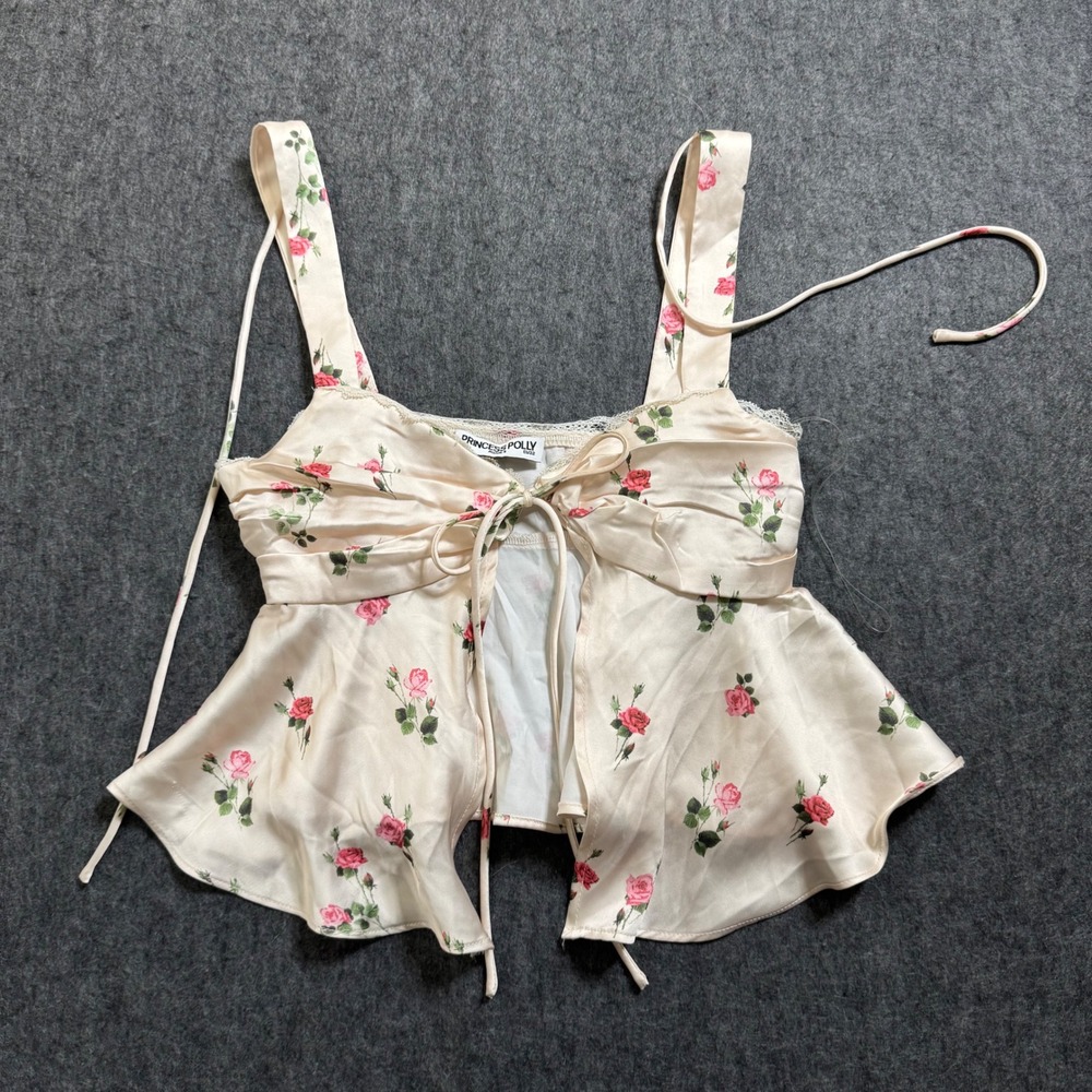 Princess Polly Cream Floral Satin Peplum Top Lace Trim Pink Rose US 0